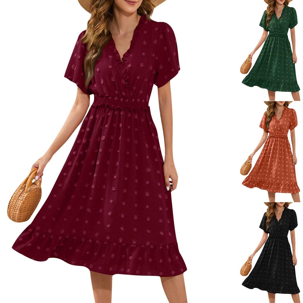Women's Casual Polka Dot Ruffle Dress Summer V Neck Swing Dress Wedding High Waist Midi Dress Elegant Cocktail Sundress