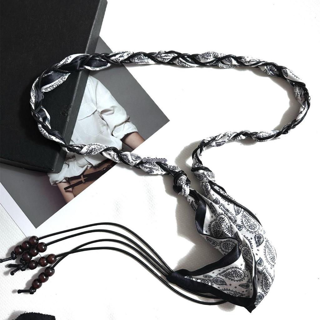 Богемный этнический шелковый шарф-пояс для женщин: Тканая лента, кожаный акцент, идеально подходит к джинсам и юбкам