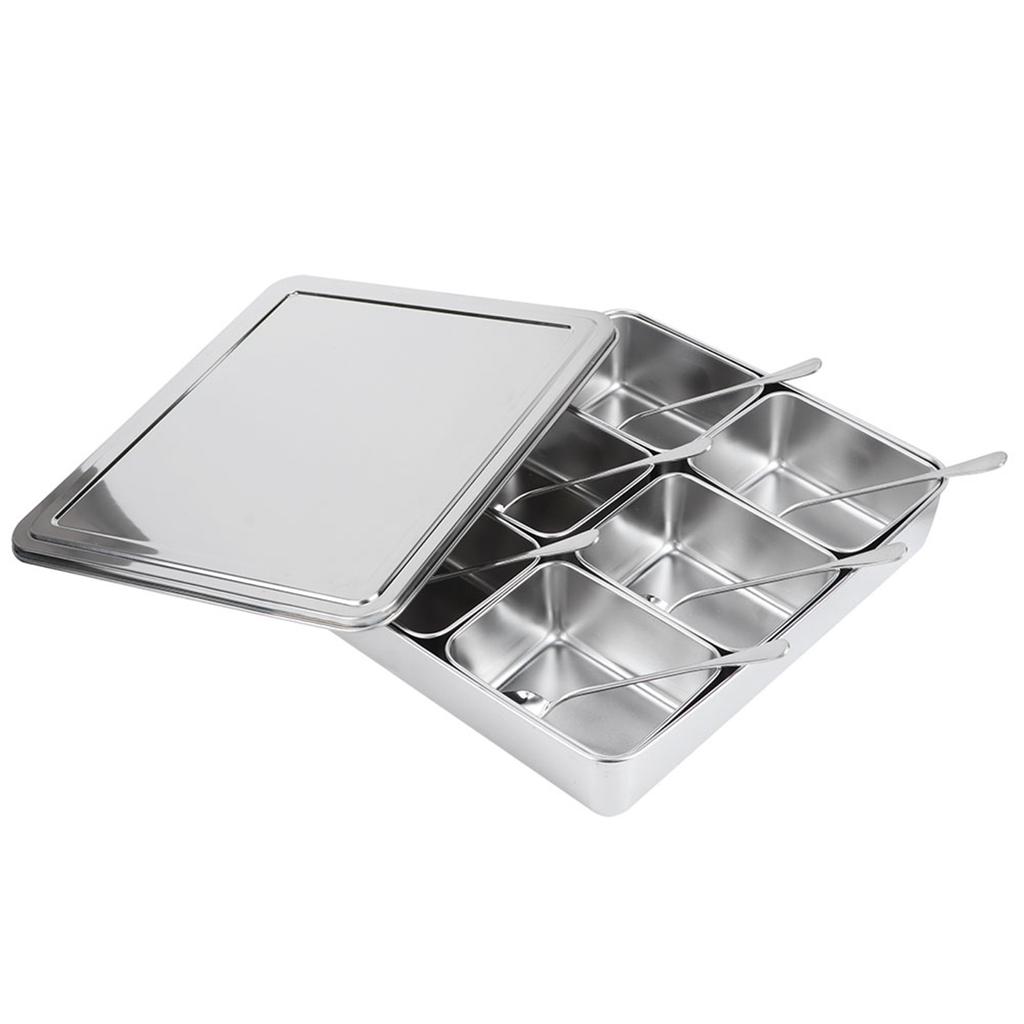 6‑Grid Stainless Steel Seasoning Box Jar Storage Container Set with Spoons Kitchen Utensils