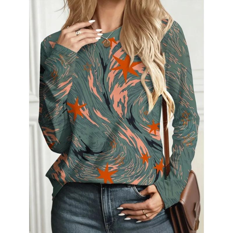 Women's Autumn and Winter 3D Star Printed Crew Neck Long Sleeve T-Shirt