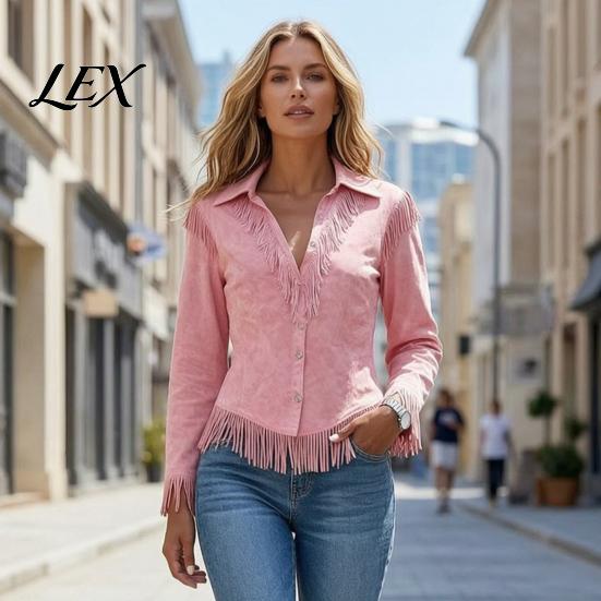 Lightweight Women Shirts Tassel Shirt for Autumn, Button Down Slim Fit Fringe Long Sleeve Top Blouse, Solid Color Casual Top, Western Cowgirl Outfit