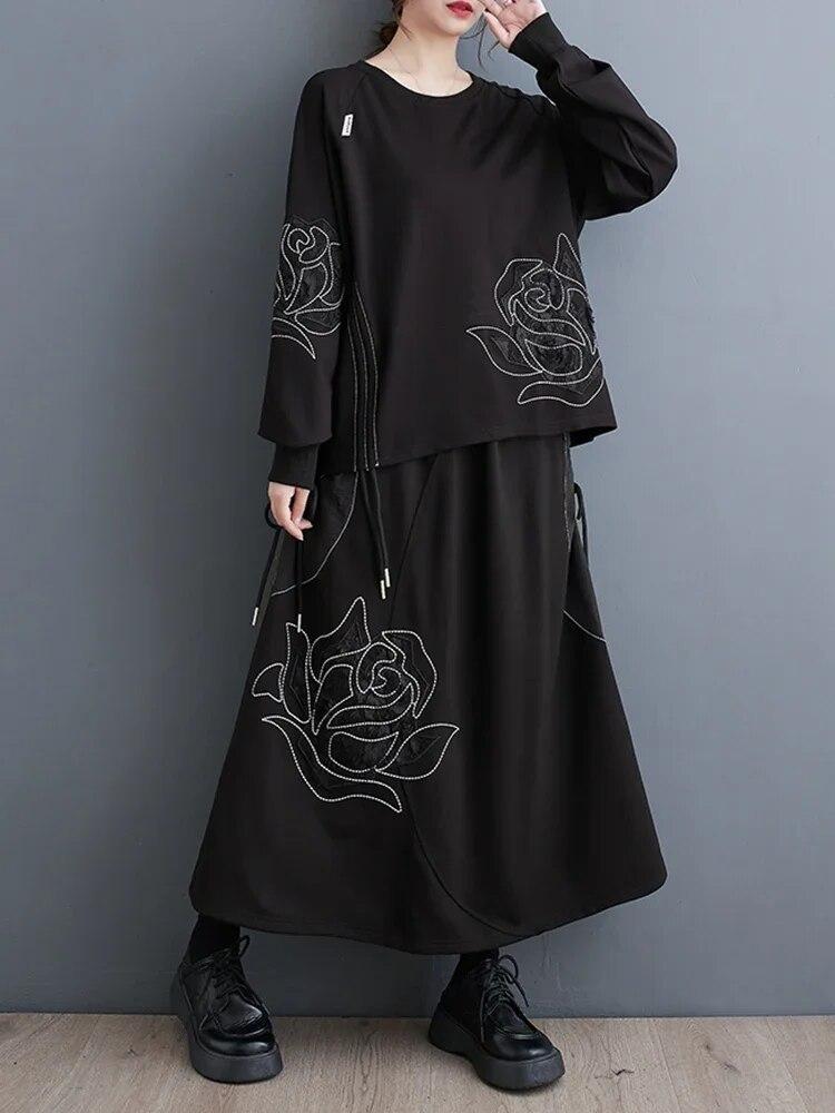 Xitao Casual Black Dress Sets Fashion Loose Top Skirt Two Pieces Sets Asymmetrical Draw String DMJ3107