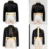 Kids Girls Demon Cosplay Singer Dance Outfit Sequins Shiny Long Sleeve Gold Webbing Trim Outer Wear with Golden Chain and Gloss Patchwork Color Block