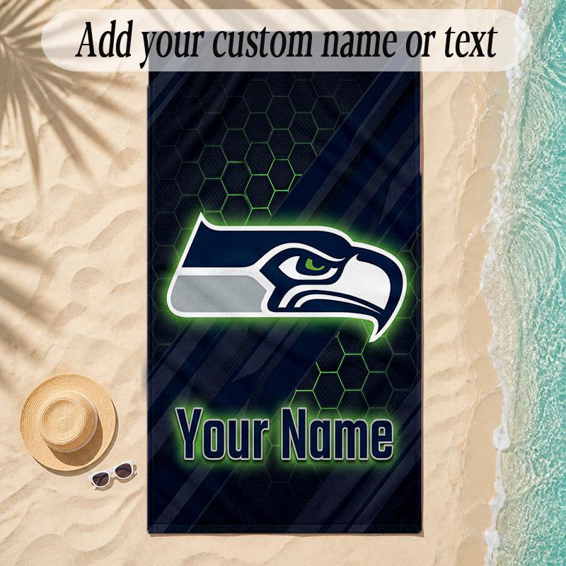 Beach TowelSeattle Seahawks Custom Name Text Personalized Soft Towel for Beach Pool Indoor Home Decor Gift