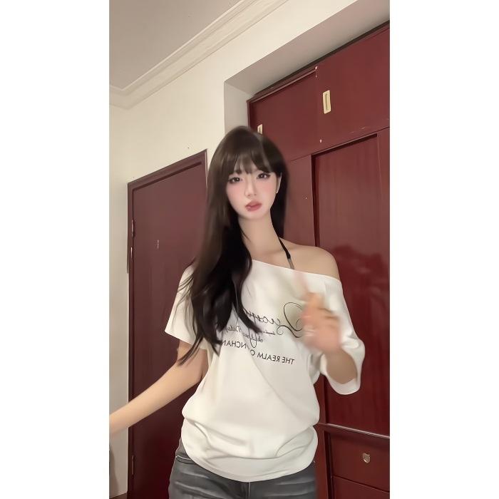 No price reduction #Smooth and cold high 50 cotton double-sided pull frame, sweet and spicy pure desire wind one-word collar T-shirt women
