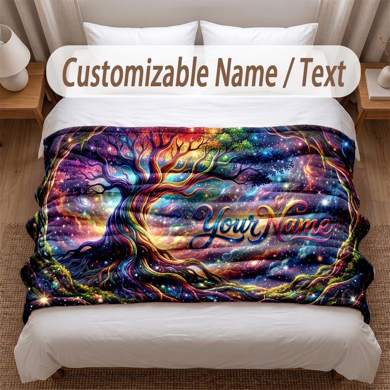 Tree of Life Theme Soft Blanket Personalized Custom Name Text Print Warm Blanket Home Sofa Bedroom Decor