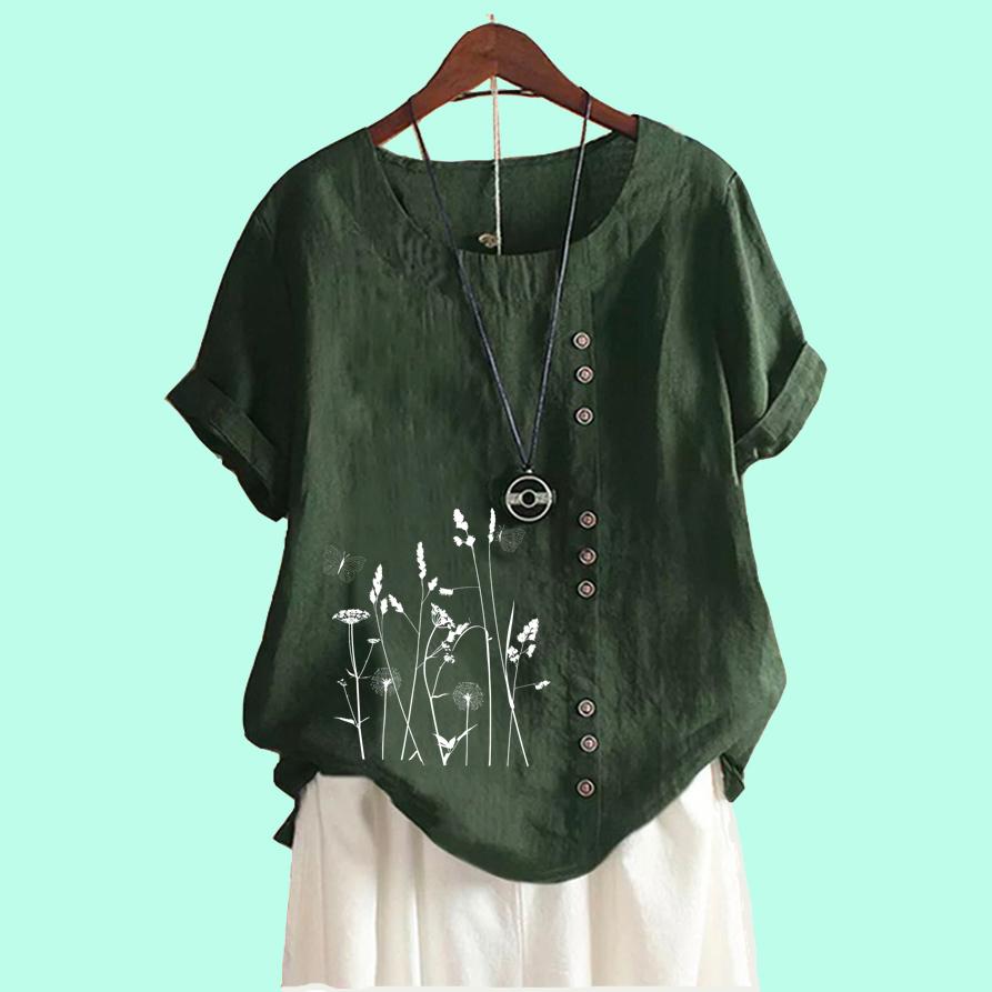 Women Casual Floral Print Loose Blouse Laides Cotton Linen Top Fashion Short Sleeve T-shirt