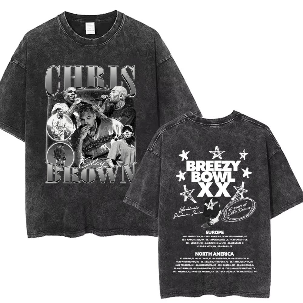 Washed Chris Brown Music Album Cover Print Tshirt Breezy Bowl XX Tour Merch T Shirts Men Women Hip Hop High Quality Tshirt