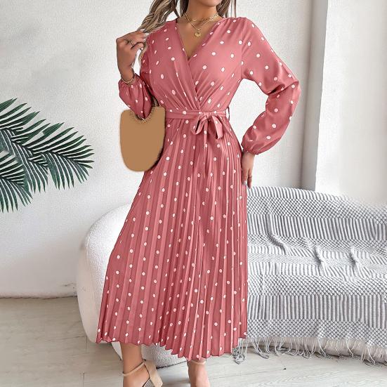 Women's Long Sleeve Dress V-Neck Polka Dot Dress with Tie Waist Long Pleated Dress for Office Parties Date