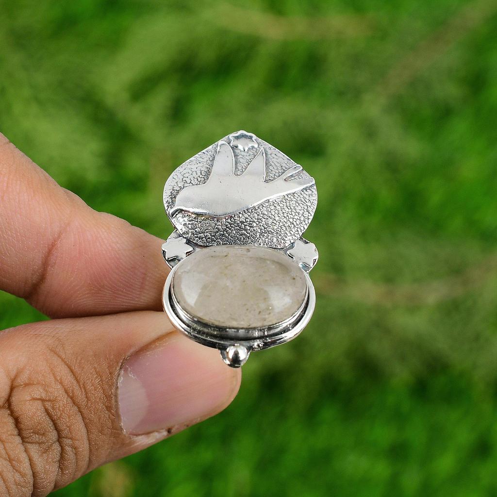 Gift For Her Natural Garden Quartz Statement Adjustable Ring 925 Silver