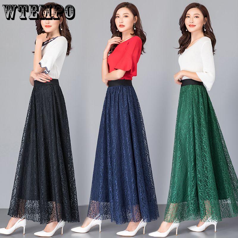 Женская весенняя элегантная кружевная эластичная полуюбка с высокой талией, темпераментная универсальная однотонная длинная юбка трапециевидной формы с большим подолом