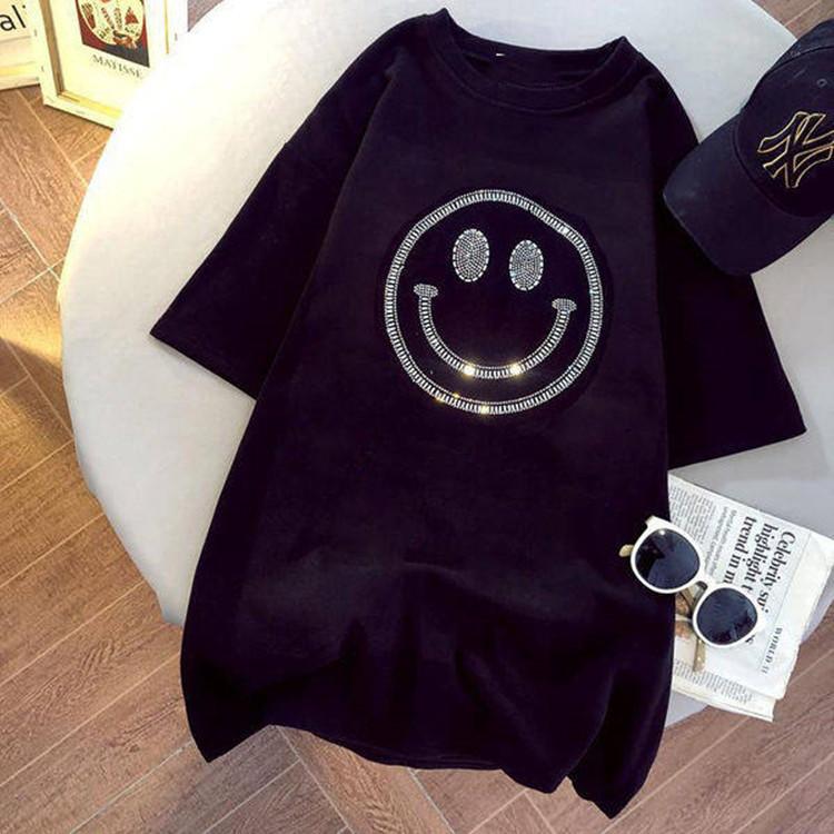 Футболка с короткими рукавами Heavy Industry Smiling Face Iron Diamond для женщин, весна-лето, новый свободный топ из чистого хлопка средней длины с короткими рукавами
