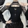 AltGoth Mall Gothic Sexy T-shirt Women Streetwear Harajuku Y2k E-girl Mesh Patchwork Hollow Out Long Sleeve Halter Crop Tee Tops