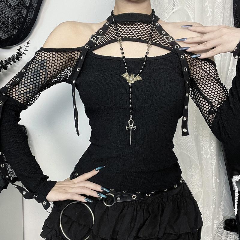 AltGoth Mall Gothic Sexy T-shirt Women Streetwear Harajuku Y2k E-girl Mesh Patchwork Hollow Out Long Sleeve Halter Crop Tee Tops