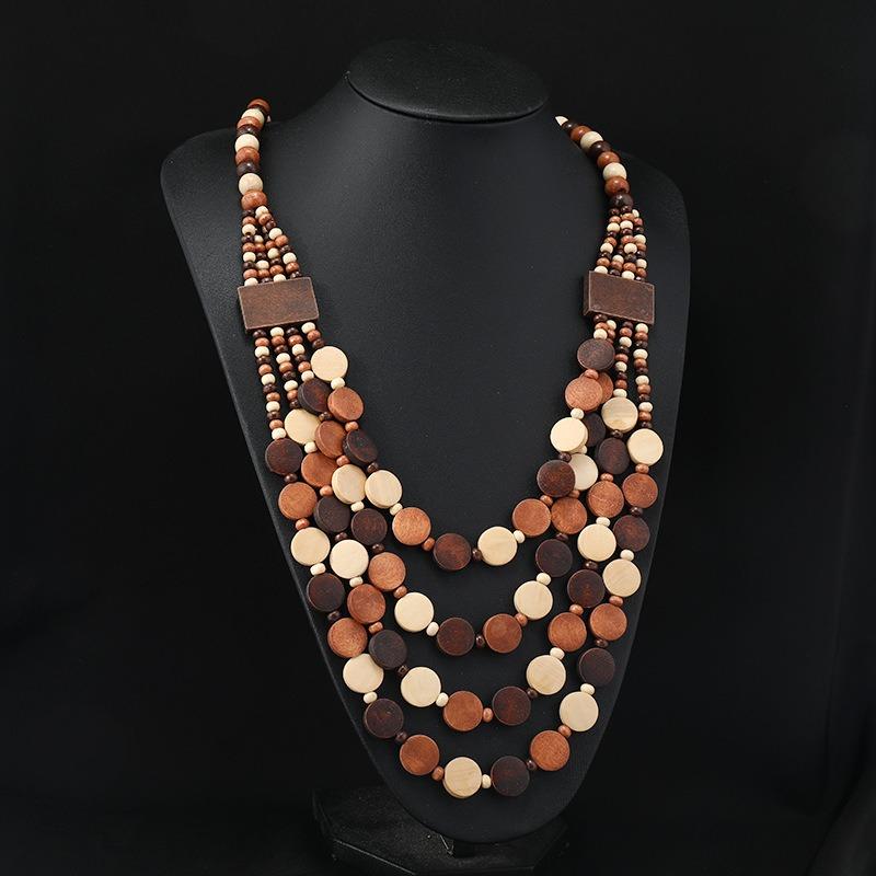 Vintage Exaggerated Wooden Necklace Maillard Vacation Women's Bohemian Long Niche Sweater Chain Earrings