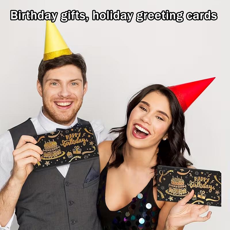 Black And Gold-Edged Birthday Gift Envelope With 6 Cash Slots And A Self-Sealing Design, Suitable For Both Cash And Cards