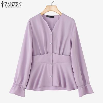 Женская повседневная блузка с V-образным вырезом, свободного кроя, однотонная, с длинным рукавом