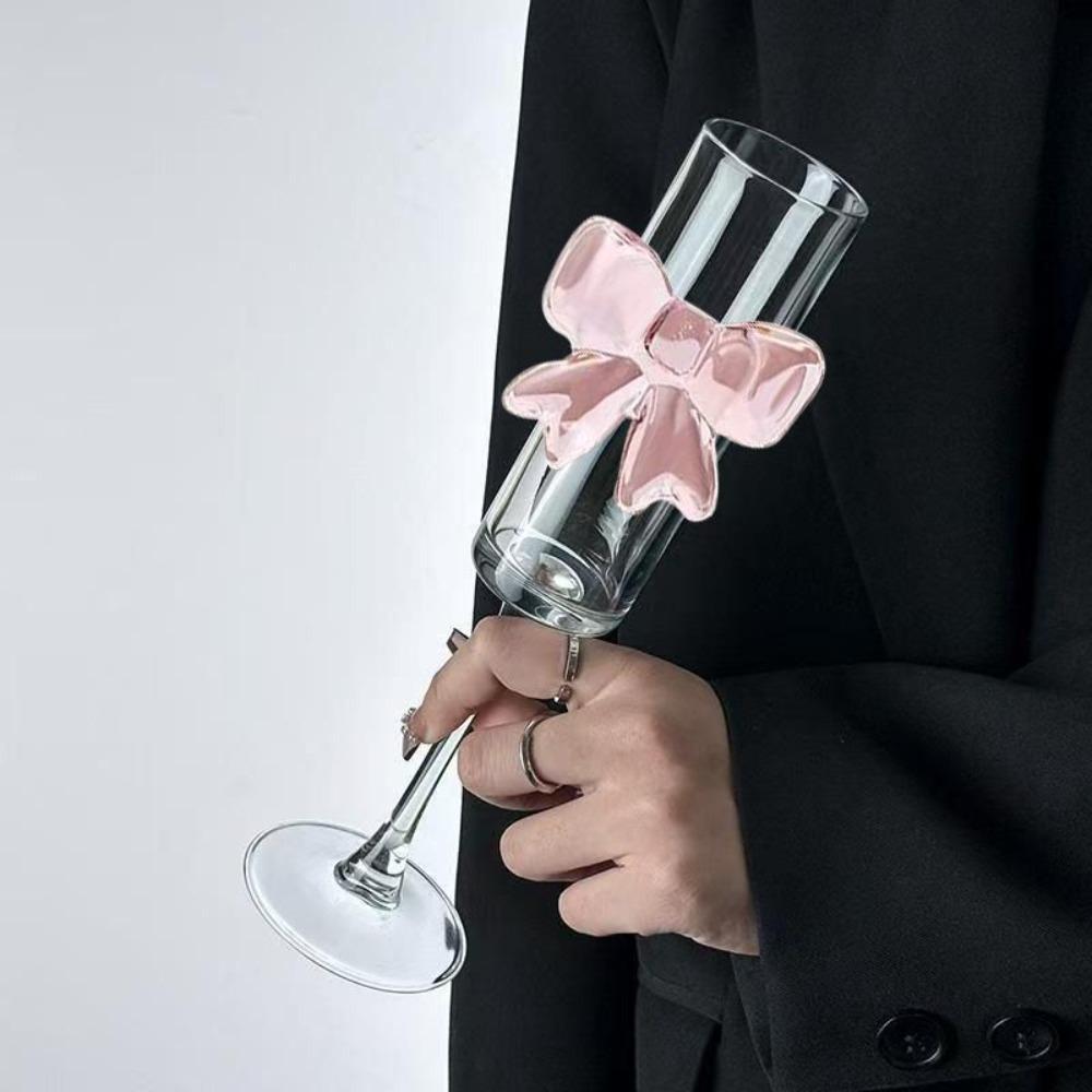 2 pieces Clear Pink Bow Champagne Glass Ultra Thin High Feet Wine Glass Drinking Glasses  Martini