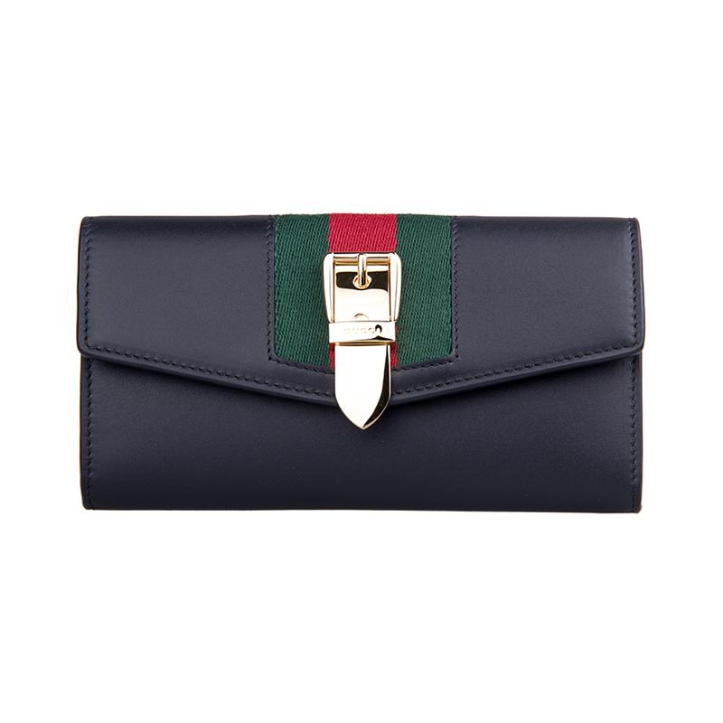 Gucci Gold buckle striped webbing long flap leather wallet women's black