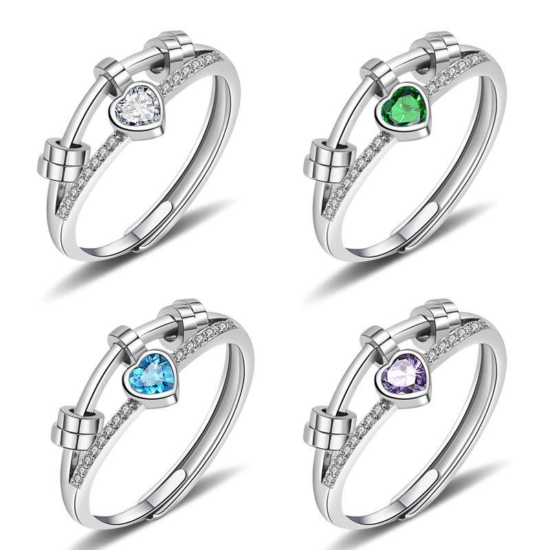 Rotating Heart Ring With Double Layer Zircon Anxiolytic Stress Relief Jewelry Unique Linear Design Spinner Ring For Women