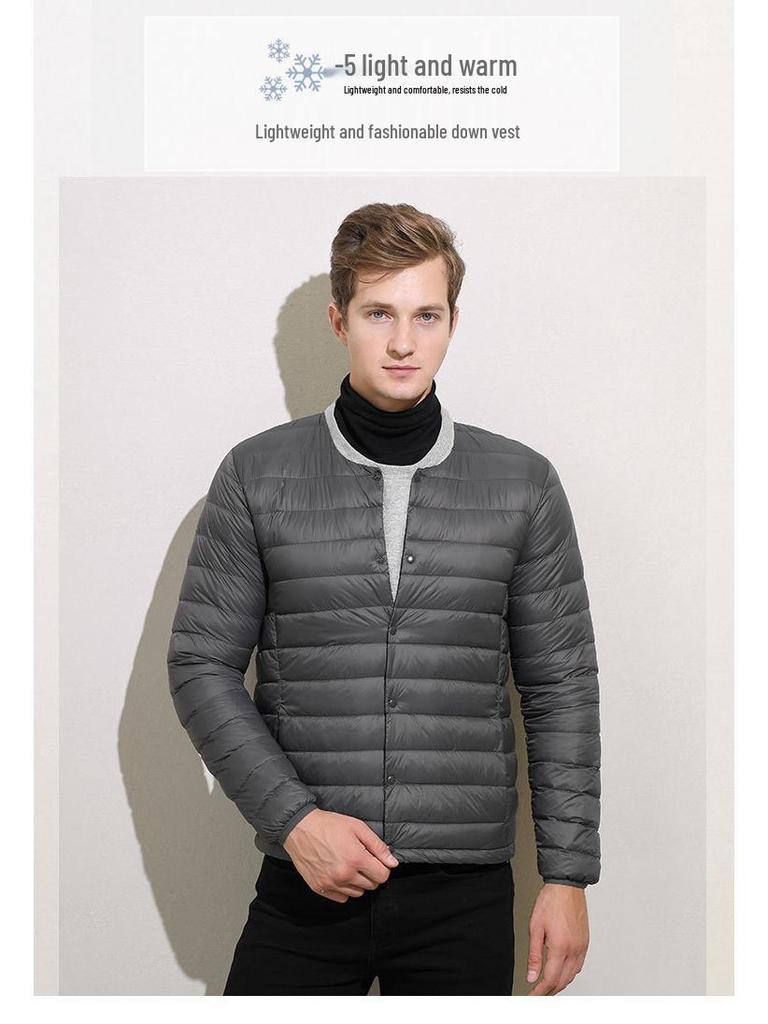 Мужская легкая пуховая куртка без воротника 2024 года - Круглый/V-образный вырез, Большой размер, Теплый внутренний слой