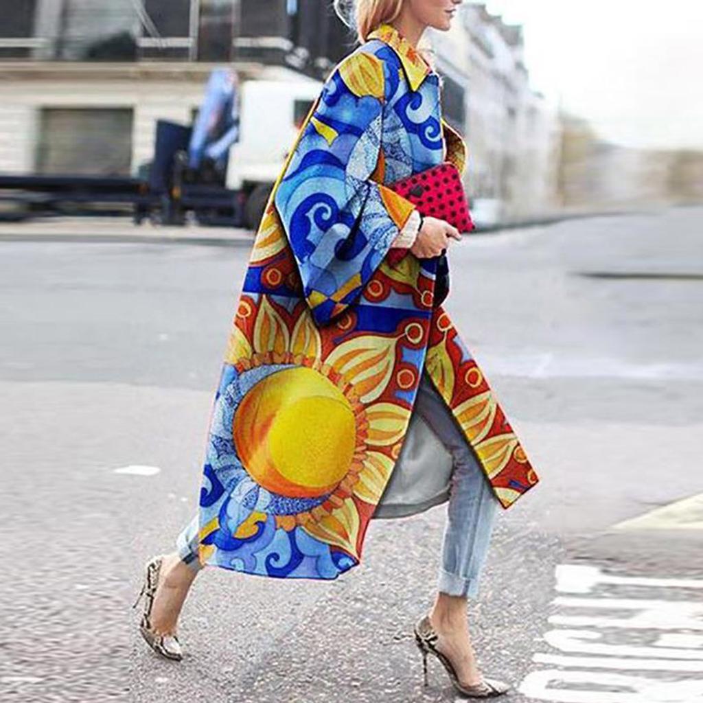 Модная женская карманная куртка с принтом, верхняя одежда, кардиган, пальто, длинный плащ