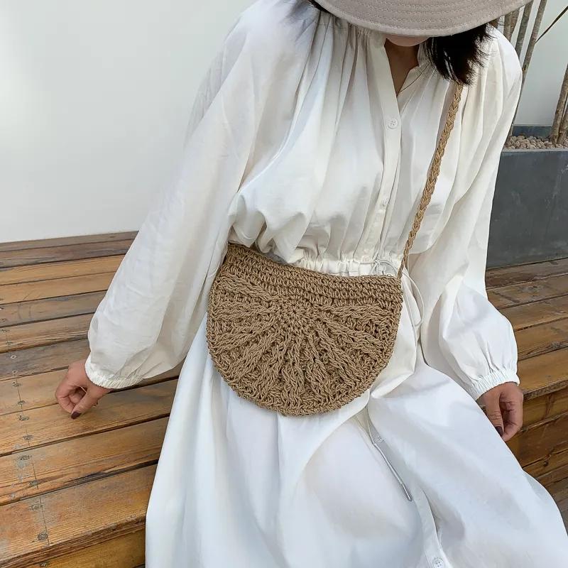 Yogodlns Тканые сумки через плечо в форме полумесяца, богемная соломенная сумка на плечо ручной работы, кошелек