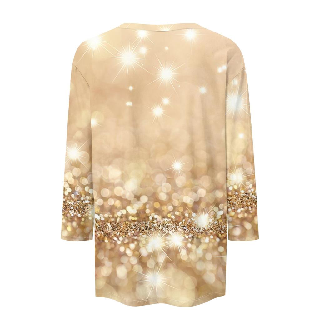 Women's Fashion Casual Three-quarter Sleeve Sequin Printed Round Neck Top
