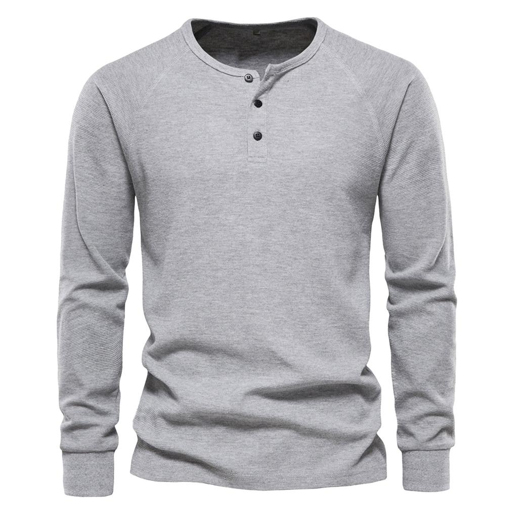 Men's Round Neck Button Long Sleeve Shirt Men's Casual Fashion Solid Color Shirt