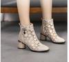 Fashion Women Leather Mesh Boots  Rhinestone Summer Shoes Pointed Toe Ankle Botas Thick Heel Hollow Out Back Zip 2024