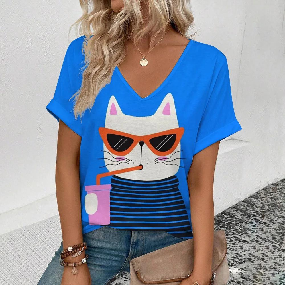 Женская ретро-футболка с рисунком аниме-кота, женская одежда для девочек, летняя футболка с коротким рукавом и V-образным вырезом, женская уличная одежда в стиле Харадзюку, свободная блузка