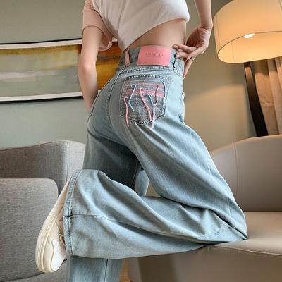 Модные повседневные свободные широкие джинсы женские элегантные винтажные офисные женские прямые джинсовые брюки синие простые карманы с кисточками джинсовые брюки 24249