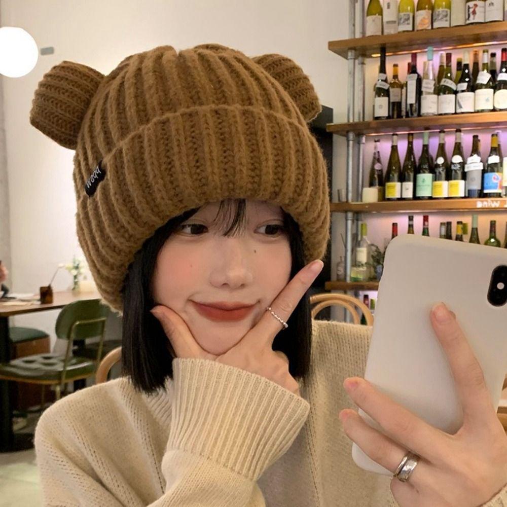 Beanie Hat Bear Ears Knitted Hat Letter Cat Ears Beanie Leisure   Winter/Autumn