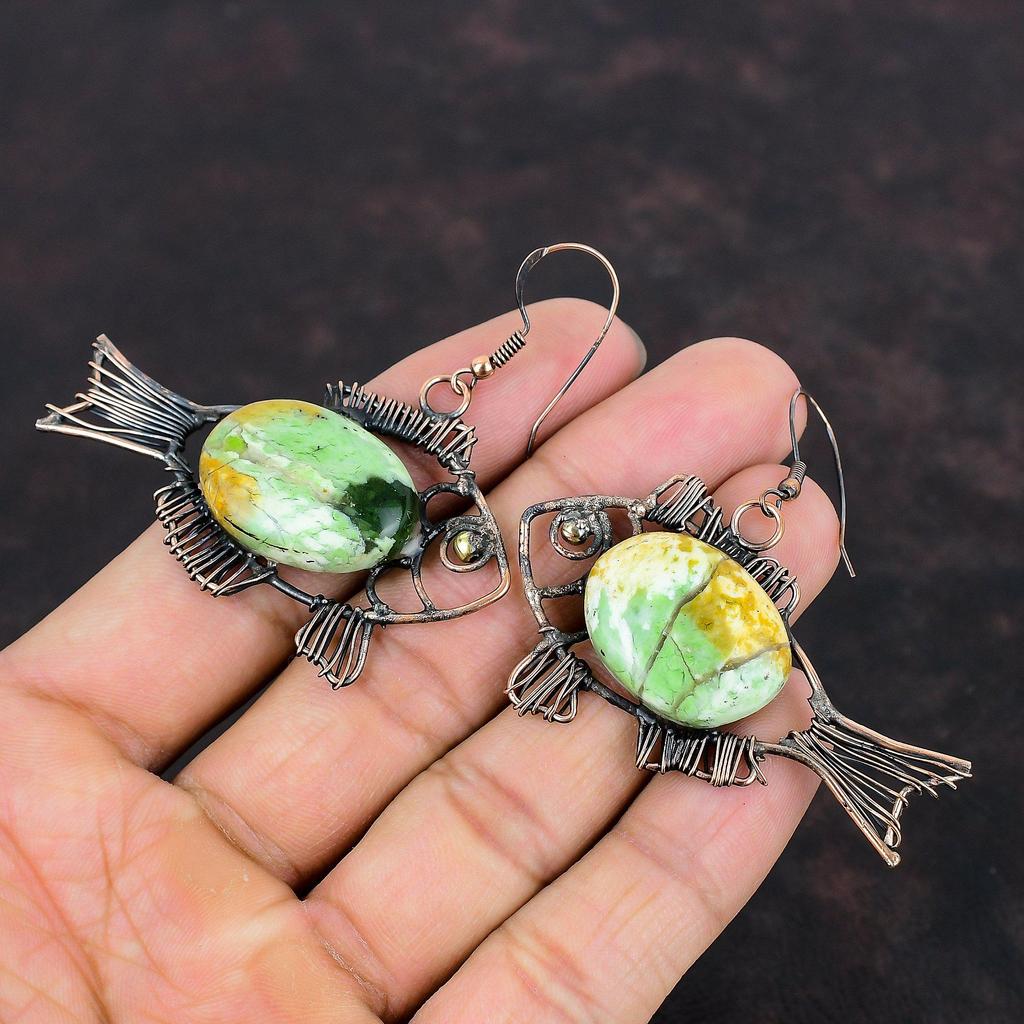 Серьги из австралийского хрома и халцедона, обернутые медной проволокой, серьги с драгоценными камнями, серьги-рыбки, украшения из медной проволоки ручной работы, подарки для жены