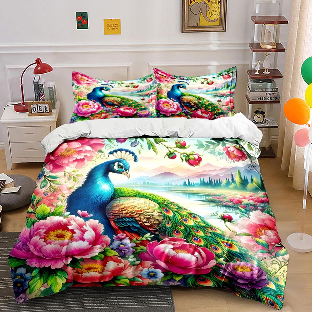 Peacock and Floral Landscape Bedding Duvet Cover Set (1*Duvet Cover 2*Pillowcases, without duvet insert)