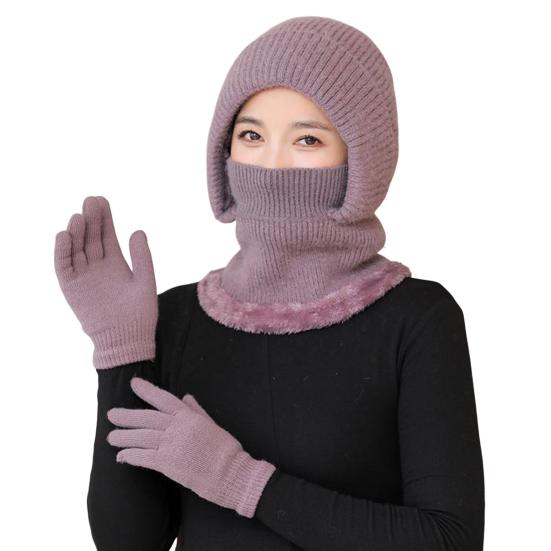 2Pcs/Set Women Hat Gloves Set Solid Color Plush Lining Knitting Beanie Hat with