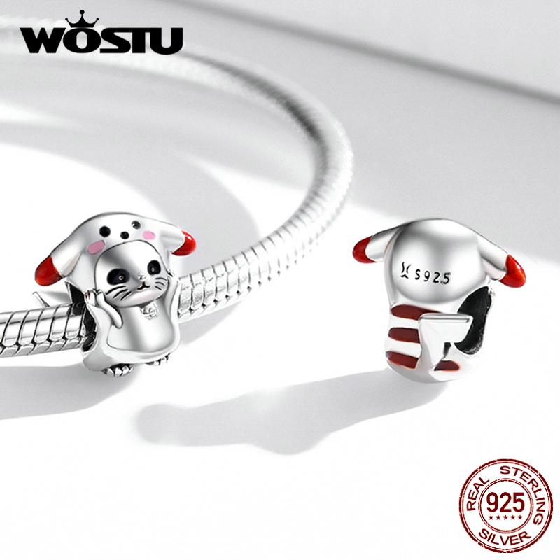WOSTU Бусины из стерлингового серебра 925 пробы с изображением животных, подвеска в виде милого кота, подходит для оригинального браслета, ожерелья, ювелирные изделия своими руками