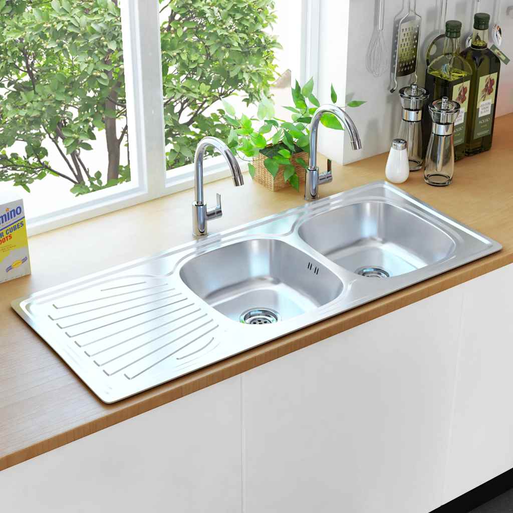 Double Kitchen Sink with Drainboard Strainer & Siphon Stainless Steel