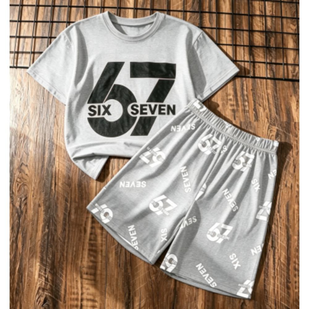 Мужской Комплект Six Seven 67 с Принтом Мужская Футболка и Шорты Комплект из 2 Предметов Летний Повседневный Уличный Мужские и Женские Комплекты с Футболками