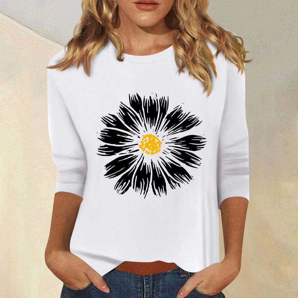 Женская мода повседневный принтованный топ с семью рукавами и круглым вырезом