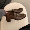 Black Loafers Square-headed Lazy One-pedal Thick High-heeled Small Leather Shoes Versatile French Mary Jane Single Shoes Women's Middle Heel