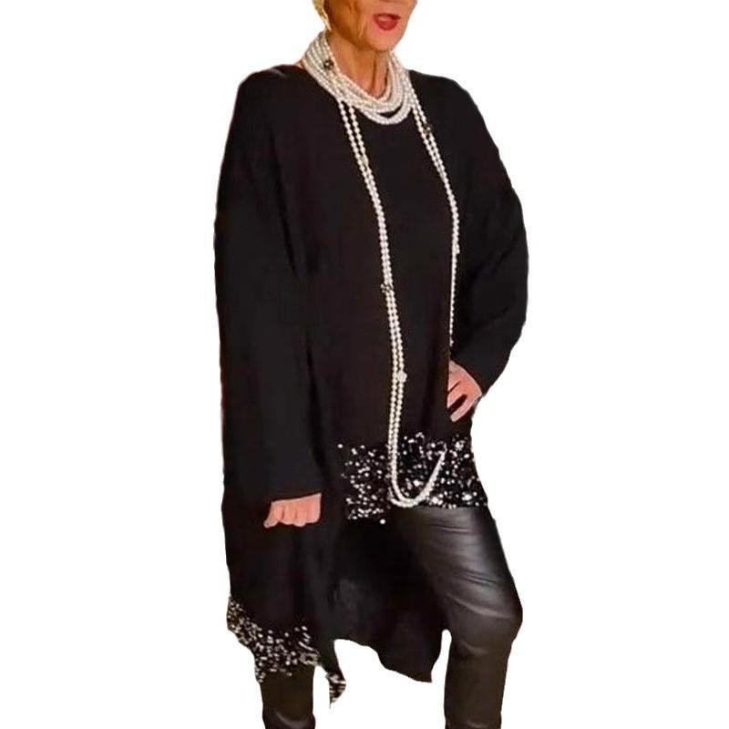 2025 Loose Non Hem Spliced Round Neck Long Sleeved Top