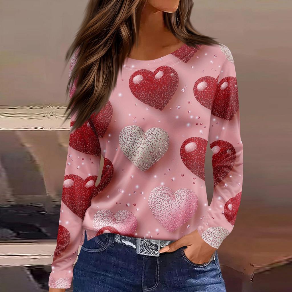Women's Fashion Valentine's Day Printed Round Neck Casual Long Sleeve Top