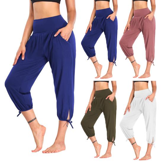 Женские укороченные брюки с эластичным поясом, повседневные брюки с карманами, шнуровкой на манжетах, однотонные брюки для бега и велоспорта
