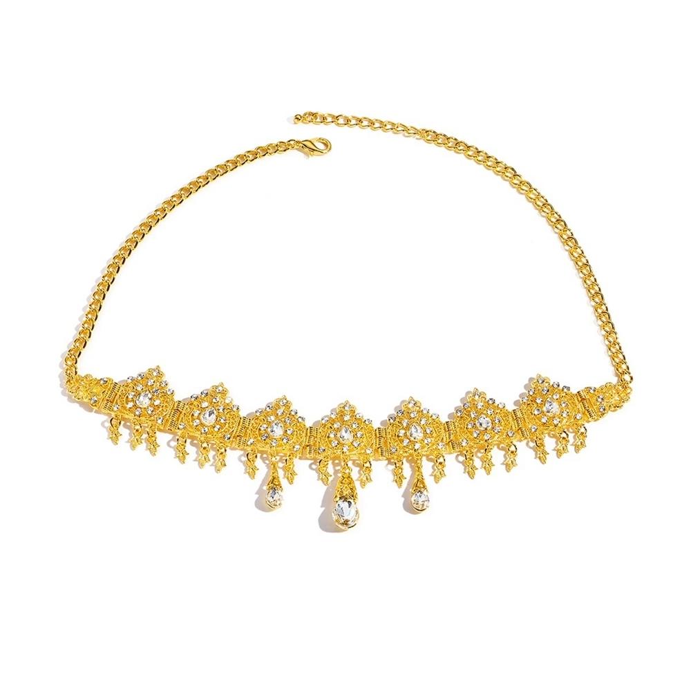 Arab Bride Head Jewelry Gold Color Alloy Hollow Carved Rhinestone Crystal Water Droplet Tassel Head Chain