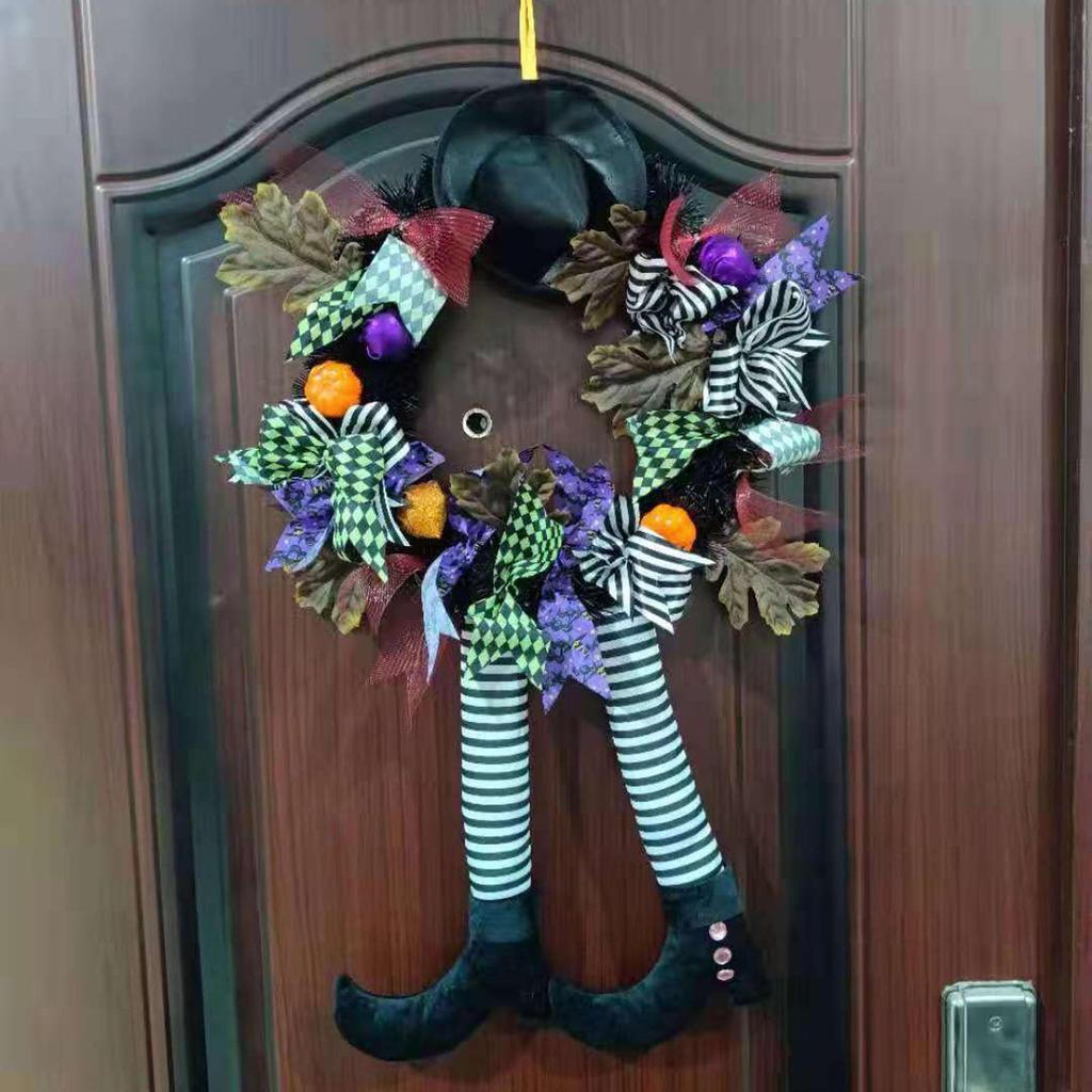 Witch Halloween Wreath with Hat Legs Pumpkin Door Wreath, Artificial Maple, Pumpkin Wreath for Halloween Decorations