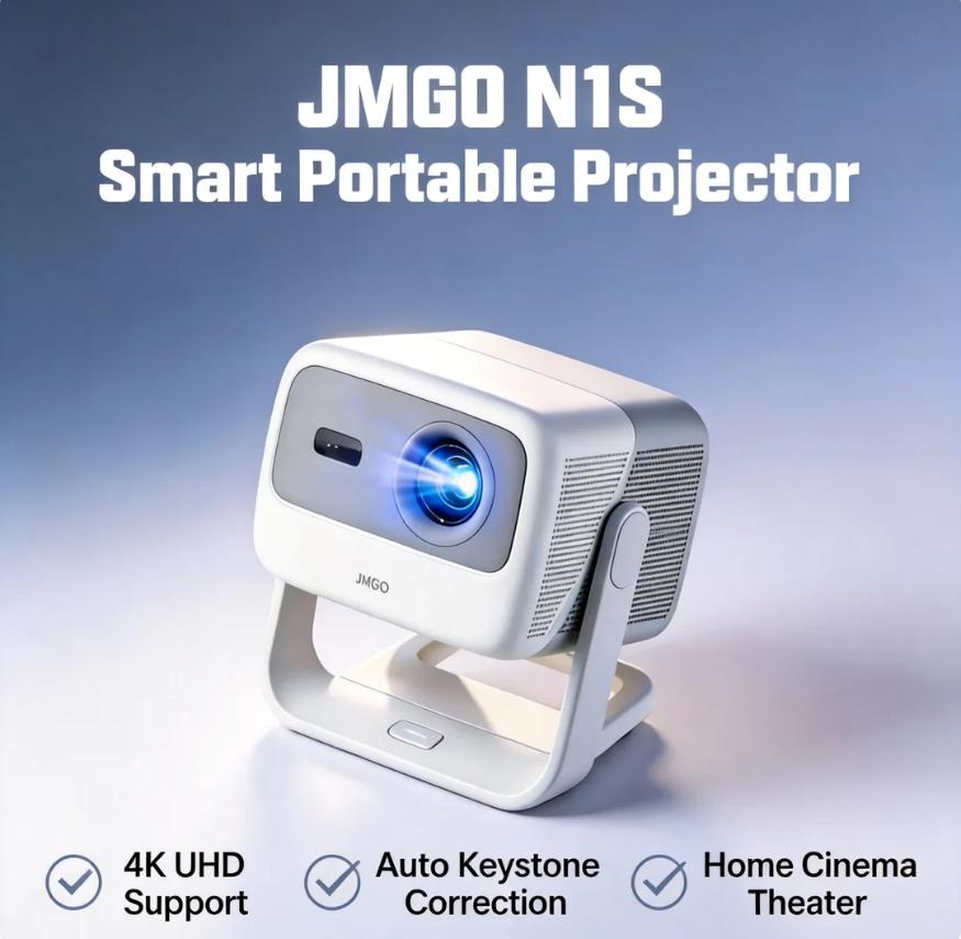 JMGO N1S Portable Triple Laser Projector - 4K UHD, 120Hz, 1200CVIA, for Home Theater & Outdoor Gaming
