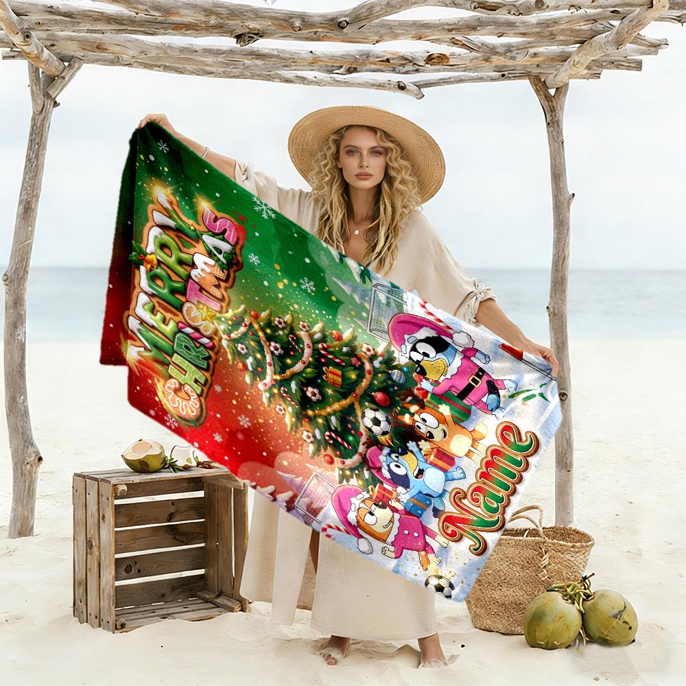 Soccer Fun Bluey Customized Name Beach Towel High Absorbency & Quick-Dry Perfect for Traveling Yoga Camping and Swimming