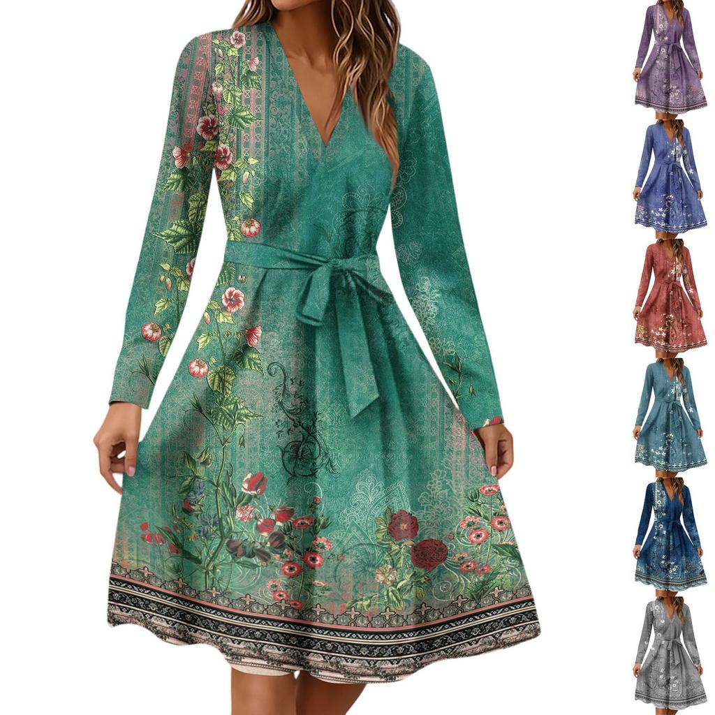 Women's Fashion Casual V-Neck Long Sleeve Waist Floral Print Midi Dress