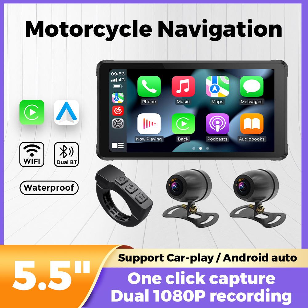 5.5inch Motorcycle Navigation Carplay Moto IP67 Waterproof Dual BT Channels For Wireless Carplay Android Auto Dual Recording CAM